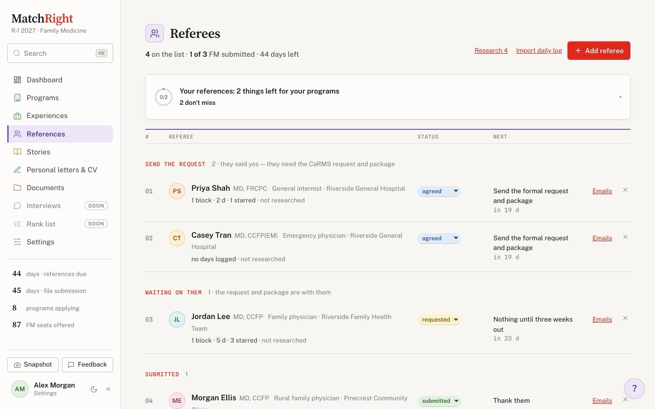 Reference packages: A sheet for each referee built from your notes, bundled with your CV and evaluations into one PDF.