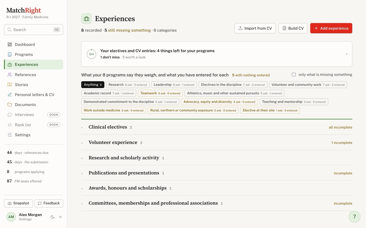CV extractor: Reads your CV into experiences, filed under the CaRMS categories and tagged with what each shows about you.